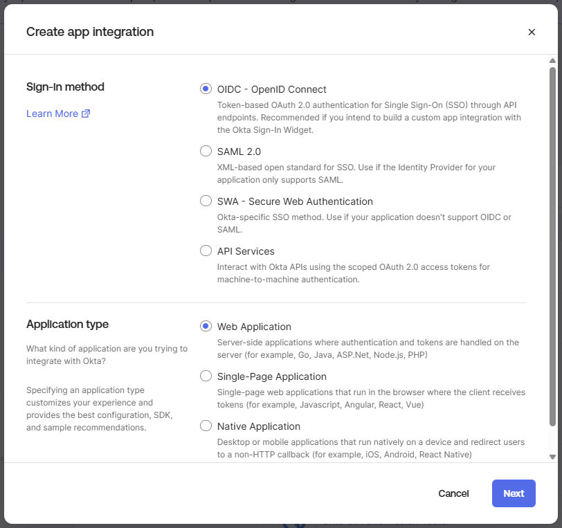 Okta Create app integration dialog with OIDC - OpenID Connect and Web Application selected