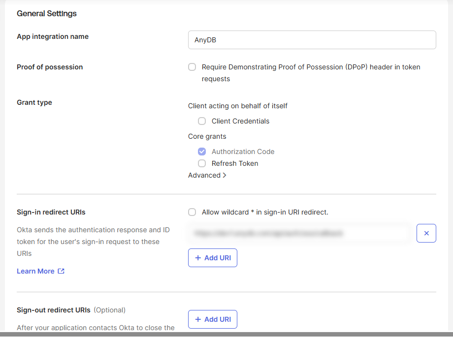 Okta General Settings with the app name, Authorization Code grant, and the AnyDB redirect URI (blurred)