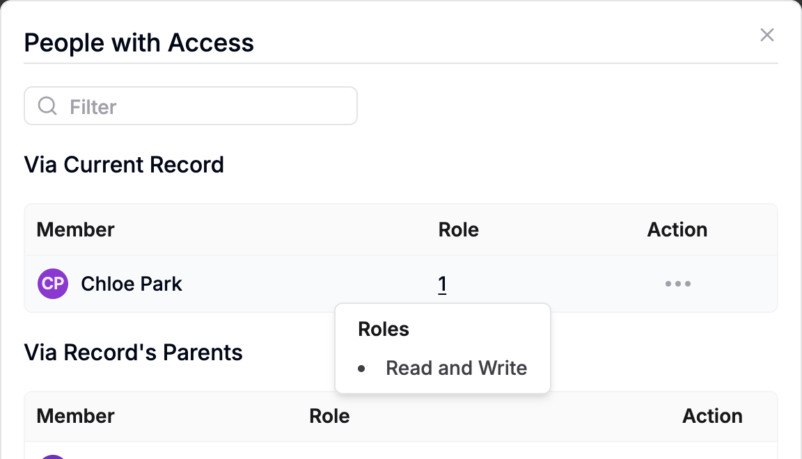 Clicking the role count next to a person opens a list of that person's roles