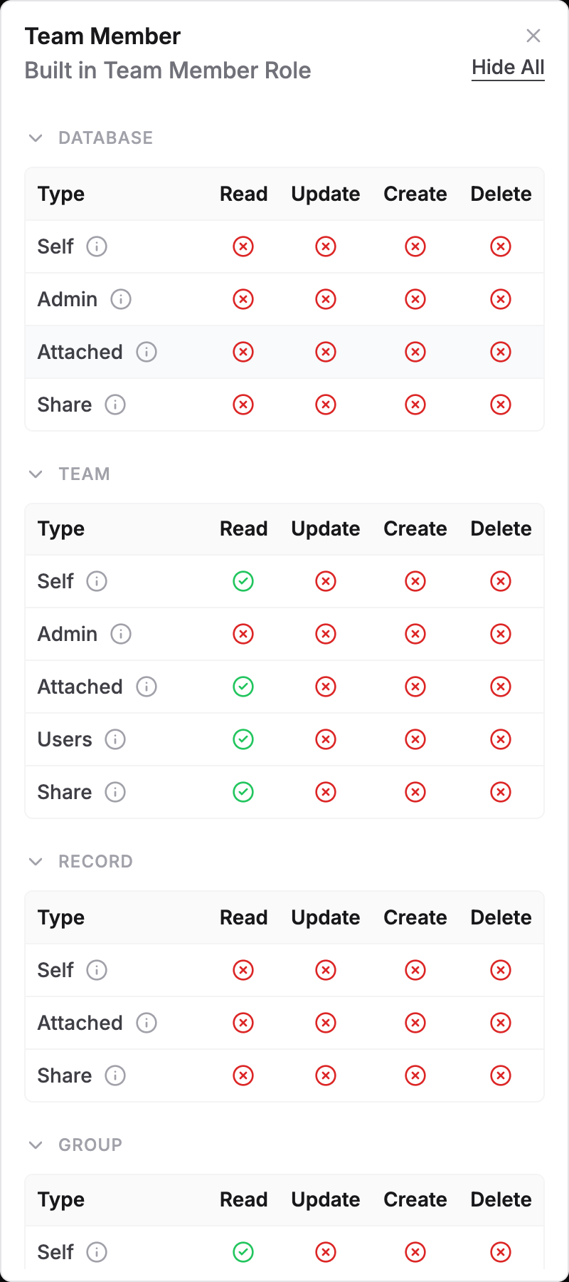The Team Member role: allowed to read the team, denied on databases and records