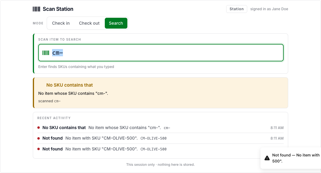 Search mode listing items whose SKU matches