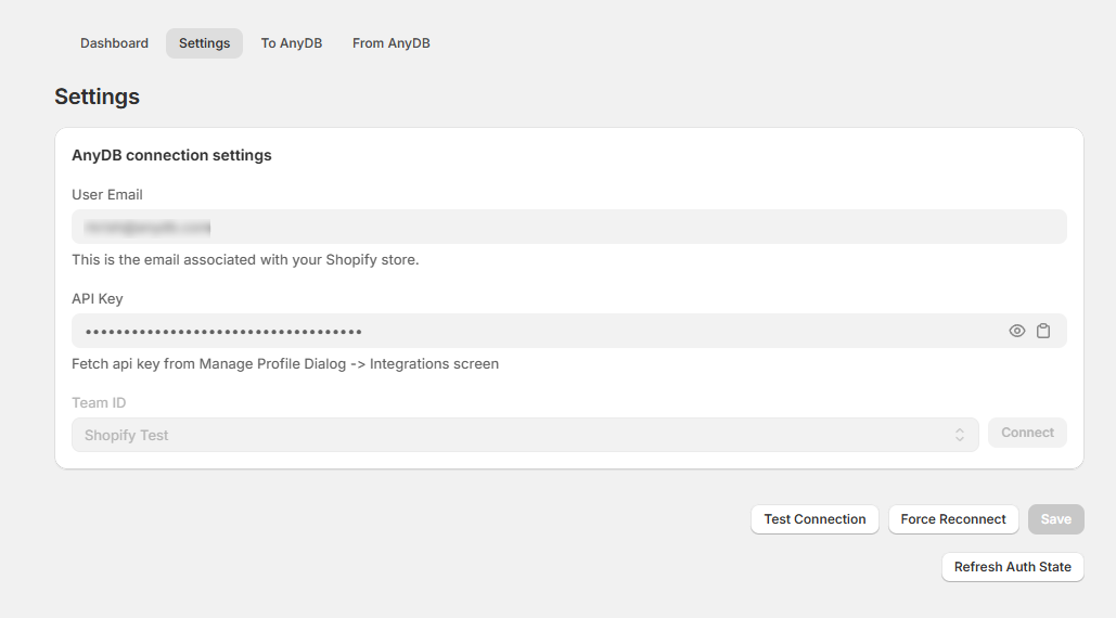 Shopify app settings