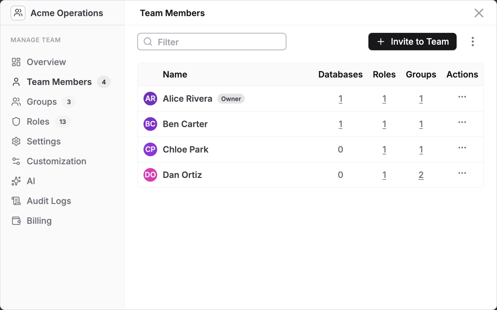 The Team Members list with the number of databases, roles and groups for each person