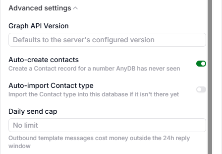 AnyDB Advanced settings with Graph API Version, Auto-create contacts, Auto-import Contact type and Daily send cap