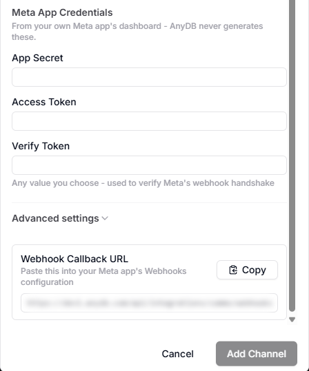 AnyDB Add Channel form showing the Meta App Credentials fields, Advanced settings, and the Webhook Callback URL panel (URL blurred)