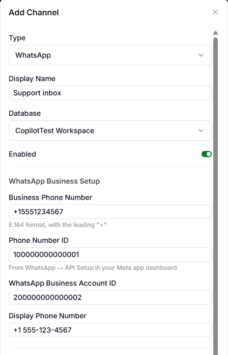 AnyDB Add Channel form with Type WhatsApp, a display name, a database, and example WhatsApp Business Setup values