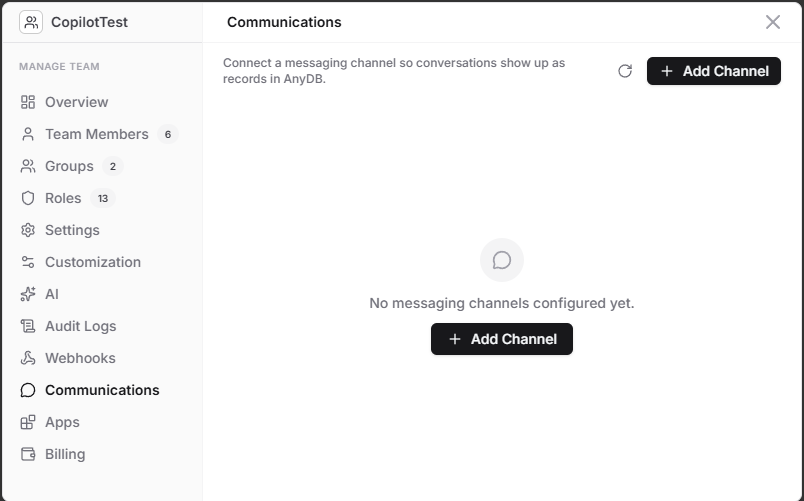 AnyDB Manage Team Communications page with no messaging channels configured yet and an Add Channel button