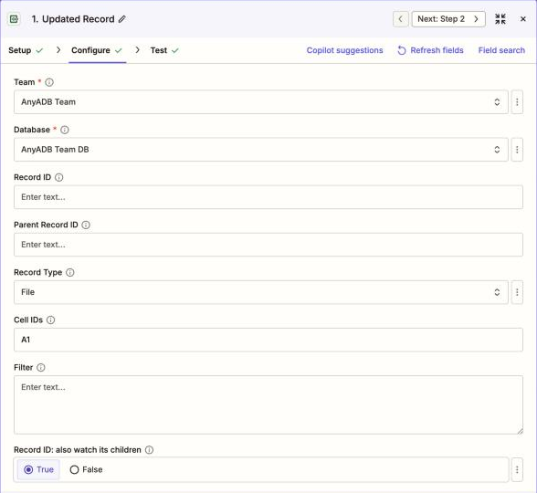 Step 1 Configure: Team, Database, Record Type File, Cell IDs A1