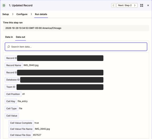 Step 1 data from a real run: Record ID, Record Name IMG_3940.jpg, Database ID, Team ID, Cell Position A1, and the file details