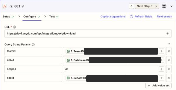 Step 2 Configure: URL and the four query string params mapped from step 1
