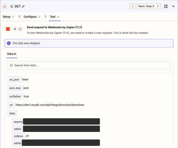 Step 2 Data in: url and data with teamid, adbid, cellpos A1 and adoid
