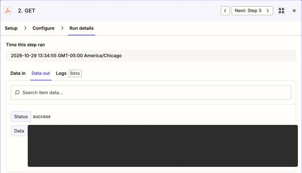 Step 2 Data out: Status success, Data holds the download link