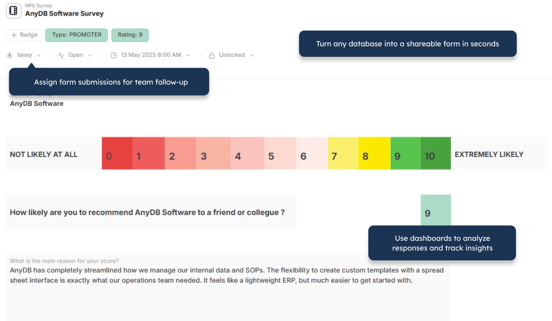 Screenshot of the AnyDB forms template dashboard displaying various data types and their organization.