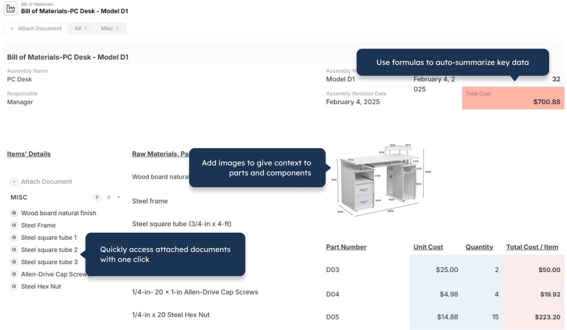 Screenshot of an invoice screen displaying the anydb bill of materials template with itemized costs and totals.