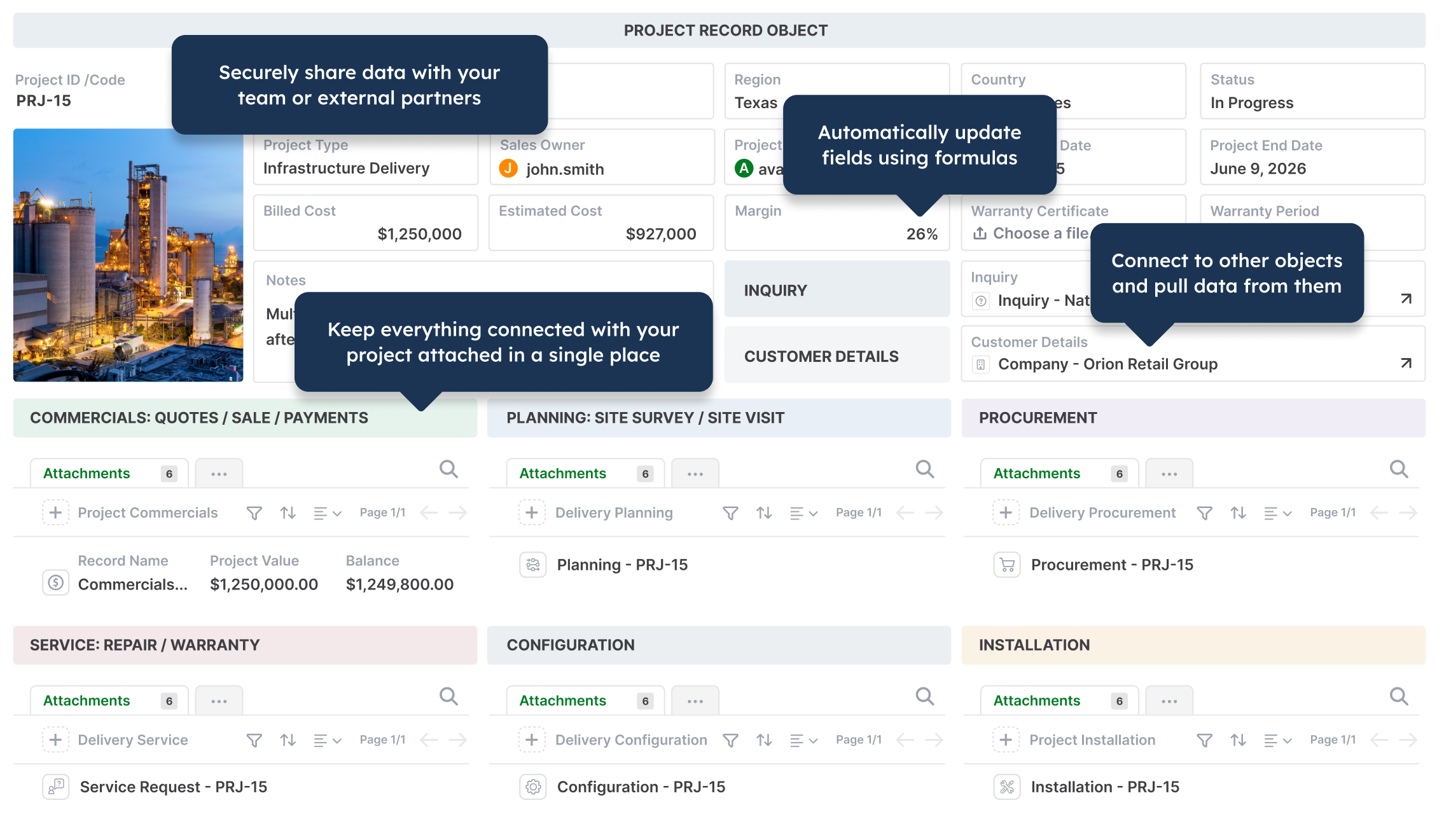 Screenshot of an operations project page displaying the anydb data management system records template layout and information fields