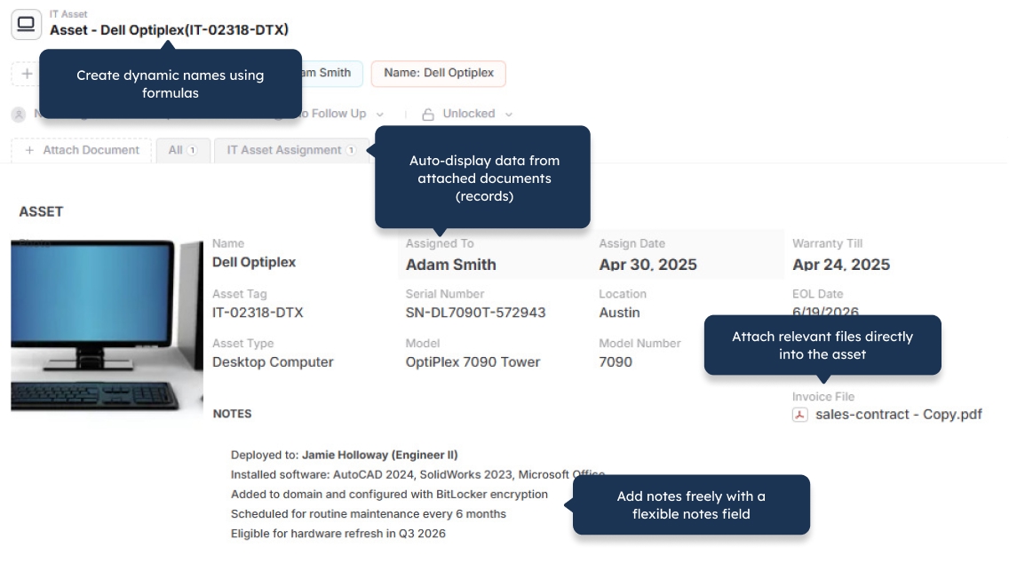 Screenshot of a product page displaying detailed product information in the anydb data management system assets template layout