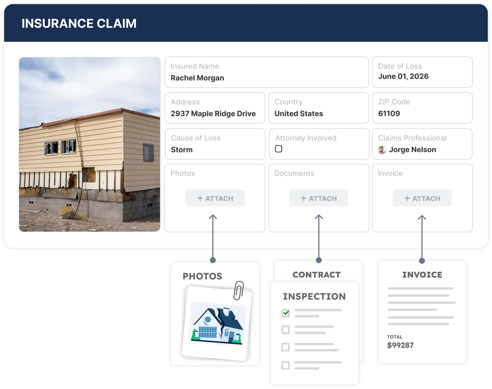 Insurance claim record with connected documents