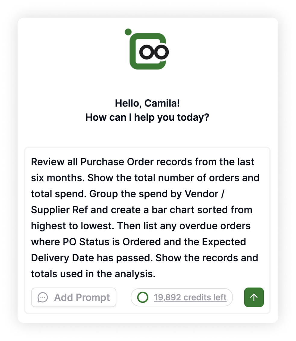 AnyBot summarizing purchase order records in AnyDB
