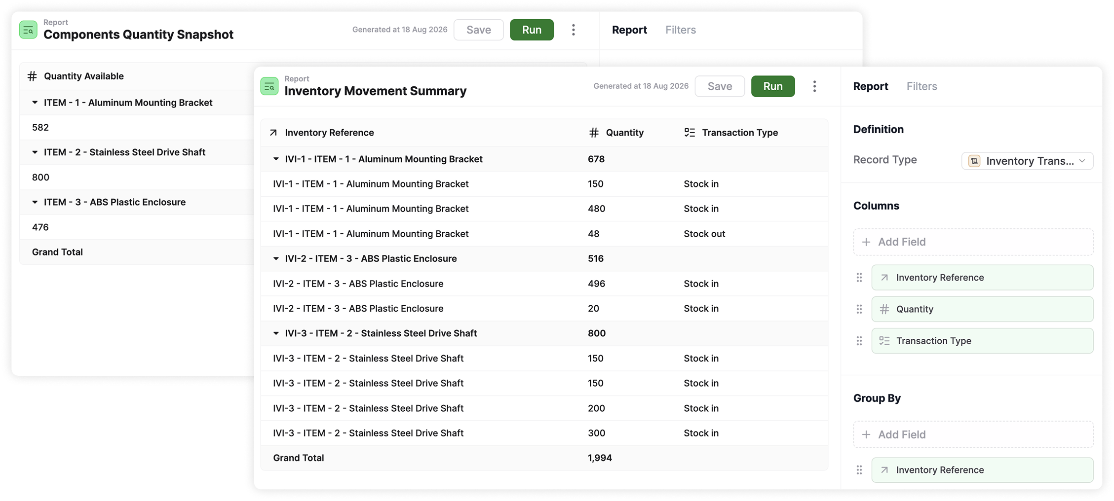 AnyDB reports showing an inventory movement summary and components quantity snapshot