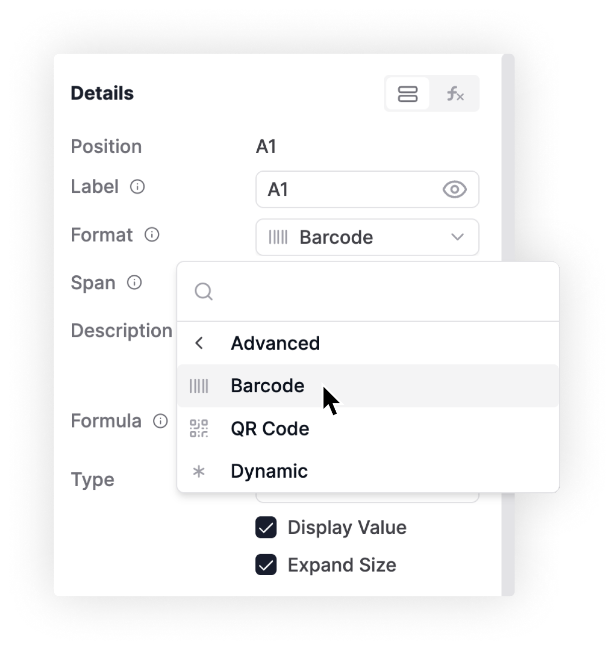 Configure barcode and QR code cells in AnyDB